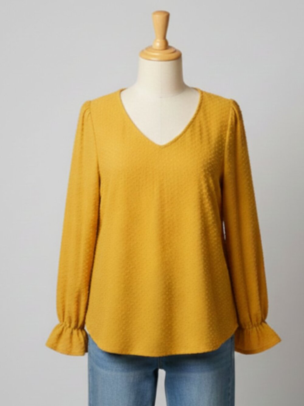 XL Reb.In.J. Mustard Swiss Dot w/ Ruffle Long Sleeve Blouse (506)